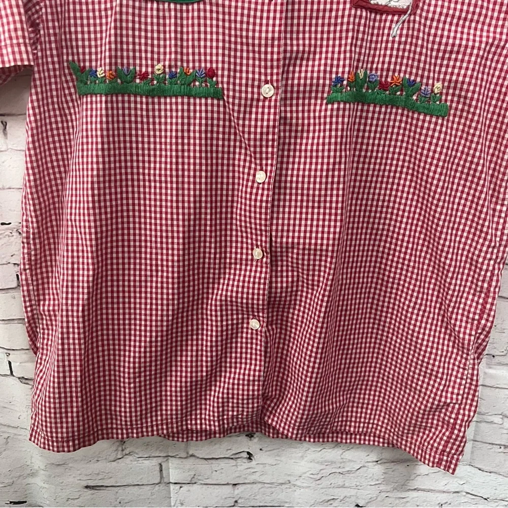 VTG 90s Casey Max Gingham Plaid Embroidered Cat Garden Shirt Red Windows Medium - Picture 7 of 9